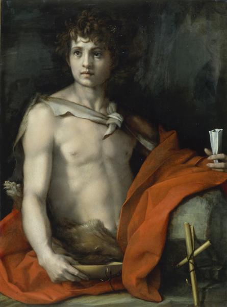 Painting of the young St. John the Baptist with a red garment and holding a bowl