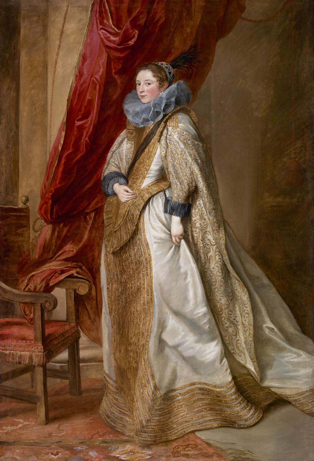 oil painting of woman standing in lavish gold and white dress with large blue collar, next to red curtain and chair