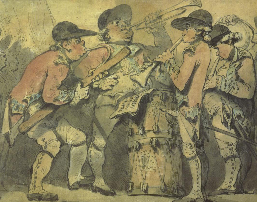 detail of painting depicting four military musicians playing wind instruments surrounding two stacked drums.