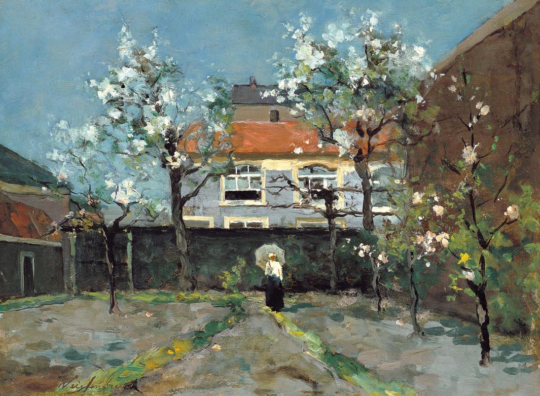 Painting of woman with parasol walking in courtyard 