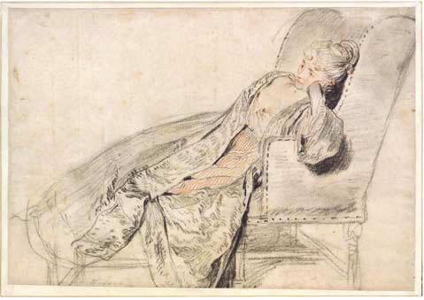 chalk drawing of woman in long robe reclining in chair with footrest, palm against the cheek