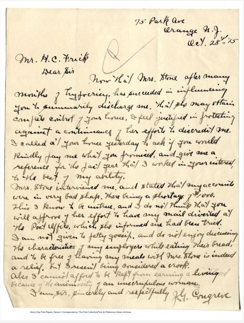 Handwritten letter from J.G. Congreve to Henry Clay Frick, 1915