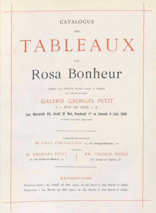 Title page reading "Catalogue des Tableaux par Rosa Bonheur"