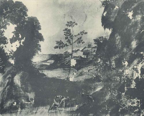 Painting of figures in a landscape with areas of extensive damage