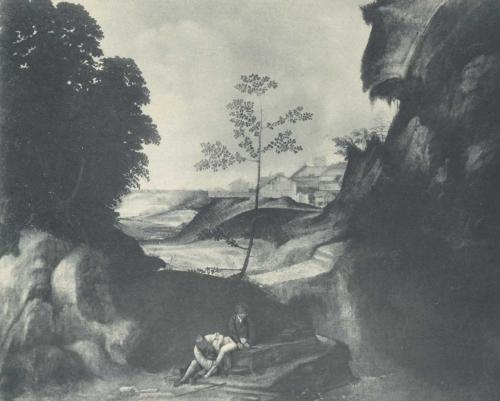 Painting of two figures seated in a landscape, with some areas missing