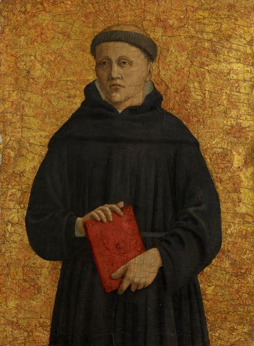oil and tempera painting of Franciscan monk in black robe holding red book, against gold background