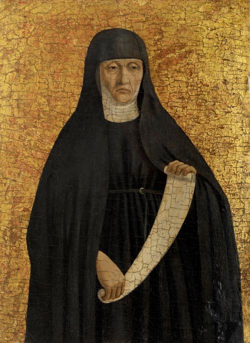 oil and tempera painting of nun holding scroll, against gold background