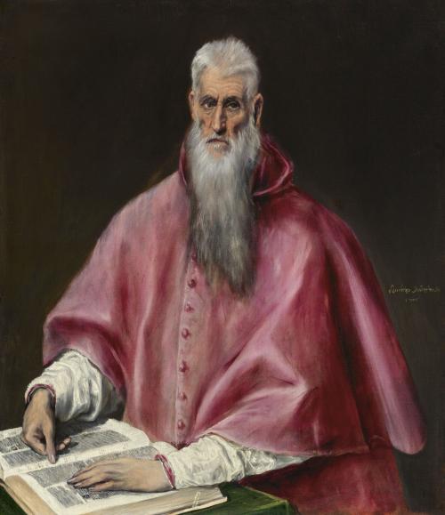 Painting of portrait of St. Jerome seated with book on table; has long grey beard and wears red cardinal's robes