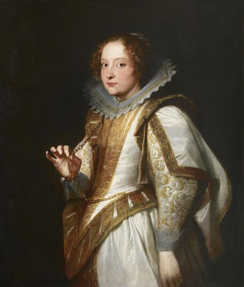 portrait of seventeenth century woman dressed in ivory and gold with a lace ruff collar.