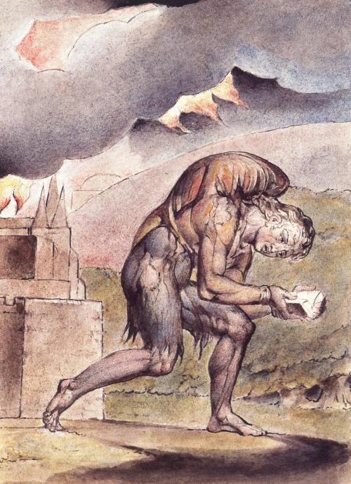 Watercolor of hunched winged man reading book