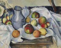 Still life painting of pitcher and several round fruits on a blanket