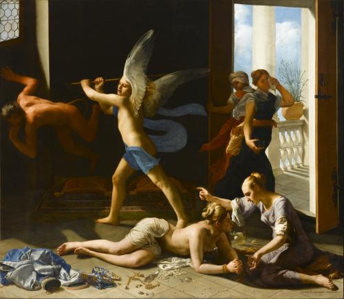 painting with six figures including an angel surrounded by naked and clothed figures