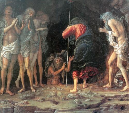 painting depicting women and men standing near cave opening draped in cloths as one man descends into the dark opening.