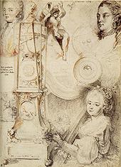 black chalk drawings on sheet, including standing astronomical clock and various women, circa 1773