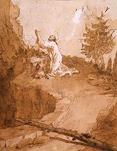 pen and wash drawing of Jesus praying in the Garden of Gethsemane, with mountain and fallen tree