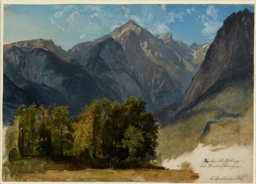 Landscape painting of mountains with trees in the foreground