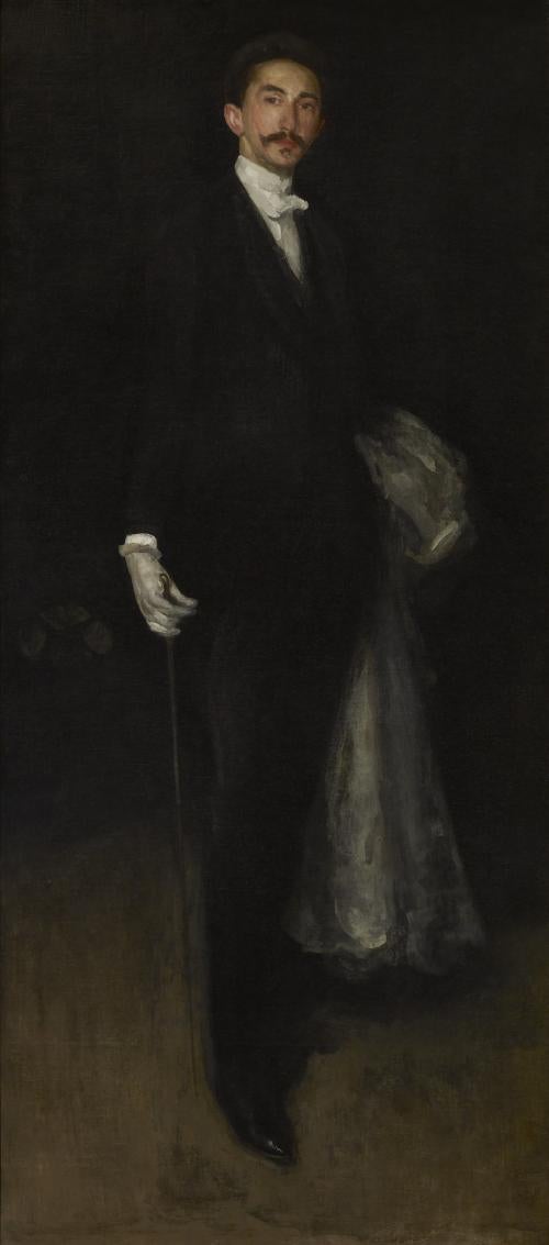 Painting of full length portrait of man in formal dress with a cape draped across his arm and holding a walking stick
