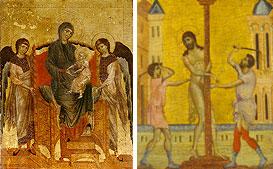 two oil paintings, on left depicting the Virgin seated holding child Jesus with two angels standing, and on right, Jesus being flagellated by two men, circa 1200s