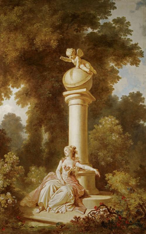 Painting of woman in 17th century dress leaning against a pillar topped by a cupid.