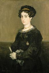 Painting of woman in black dress with red necklace and white gloves