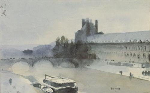 watercolor painting of boat on the river Seine in Paris.