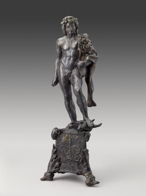 Bronze sculpture of standing Hercules, naked except for animal skin draped across one shoulder