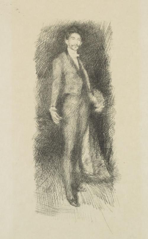 lithograph after portrait of standing man in formal dress with cape and cane