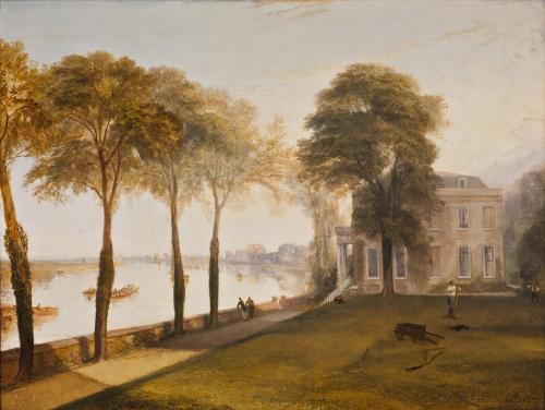 Painting of pastoral estate by a river lined with trees.