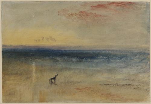 watercolor and red chalk image of seascape with red clouds, dog, and moon