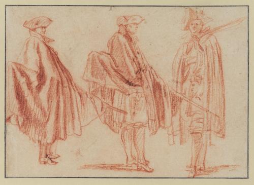 three sketches of soldiers holding muskets and wearing capes