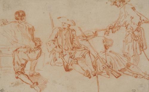 three sketches of a soldier and a kneeling man