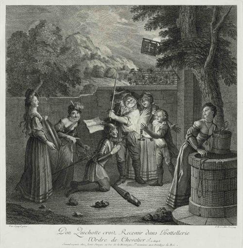 Engraving of Don Quixote Receiving the Order of Knighthood from the Innkeeper 