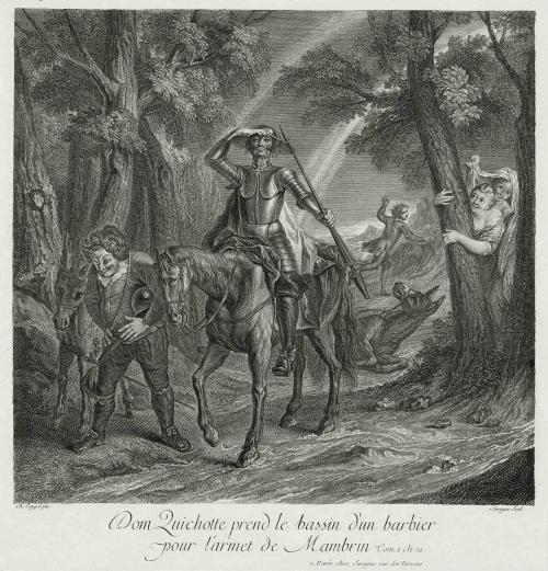 Engraving of Don Quixote wearing the barber's basin as a helmet with Sancho laughing