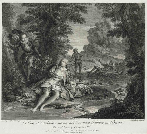 Engraving of Dorotea Dressed as a Shepherd by a river, surprised by the Priest and Cardenio