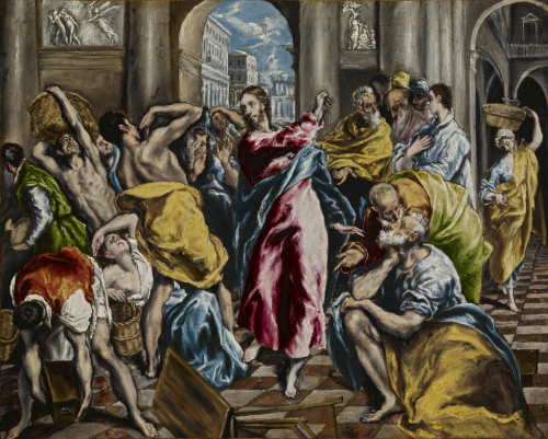 Oil painting of Jesus Christ banishing people from a temple.
