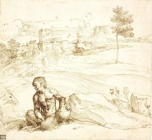Brown ink drawing with satyr in field with town in the background