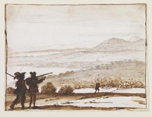 Drawing of three figures in a landscape