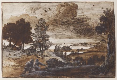 Brown ink landscape drawing with rocks, trees, and two figures