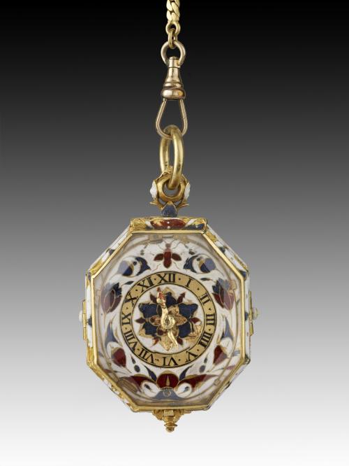 gold, rock crystal, and enamel pendant watch, hanging from chain