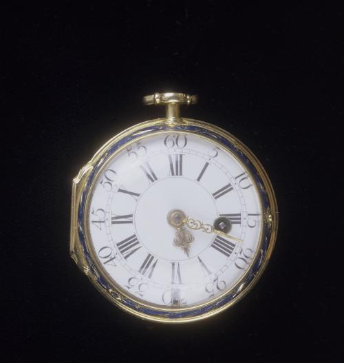 gold and blue enamel pocket watch with white face