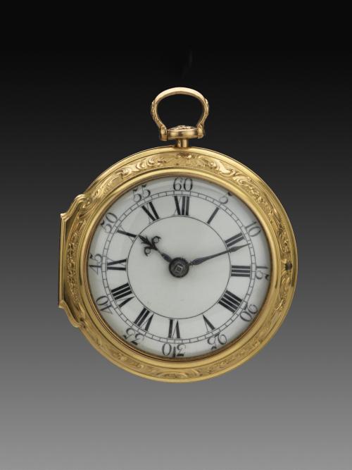 Gold framed pocket watch, white face with Roman numerals