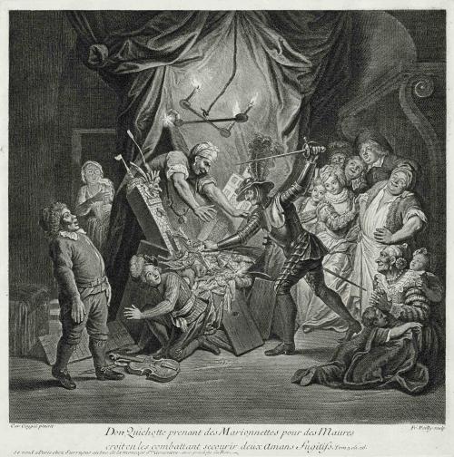 Engraving of Don Quixote Mistaking Puppets for Moors becase he  Believes He Is Rescuing Two Runaway Lovers 