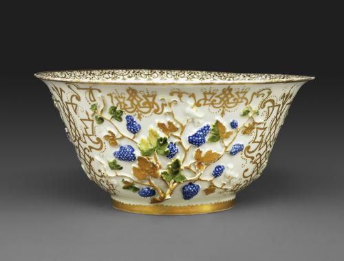 white porcelain waste bowl decorated with gold, berries and leaves