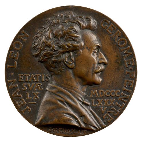 Bronze portrait medal of Jean Leon Gerome in profile to the right 