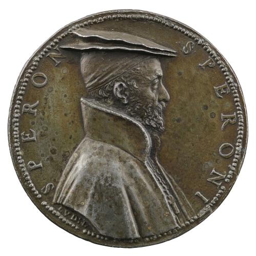 Lead portrait medal of Sperone Speroni in a flat cap and high-collared cape, bearded, in profile to the right; pearled border