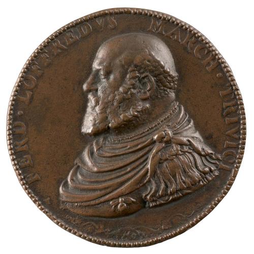 Bronze portrait medal of Ferrante Loffredo wearing armor with drapery, with curly hair and beard, in profile to the left; pearled border
