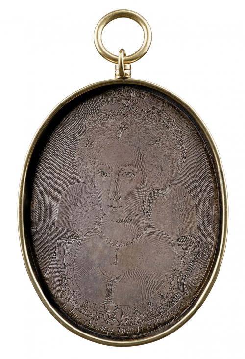 Silver portrait medal of Queen Anne crowned, with jewels in her hair, wearing a stiff lace collar, pearl earrings, a pearl necklace with pendant, and a gown with a low neckline (trimmed with lace and exposing her décolletage) 