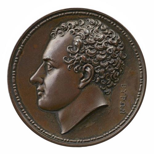Bronze portrait medal of George Gordon, Lord Byron hair worn short and curled, within a thin, beadwork-like border 