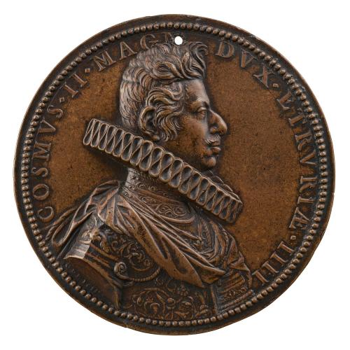 Bronze portrait medal of Cosimo II de’ Medici hair worn short and swept back from the forehead, wearing a millstone ruff, the badge of the Order of the Holy Spirit suspended from a ribbon, and ceremonial armor, a commander’s sash, with a tall gorget and ornate decoration; framed by a pearled border 