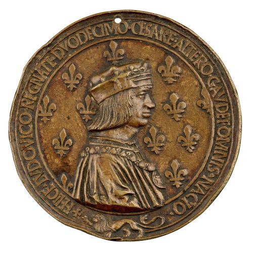 Bronze portrait medal of King Louis XII of France wearing his crown over a cap and the collar of the Order of St. Michael 